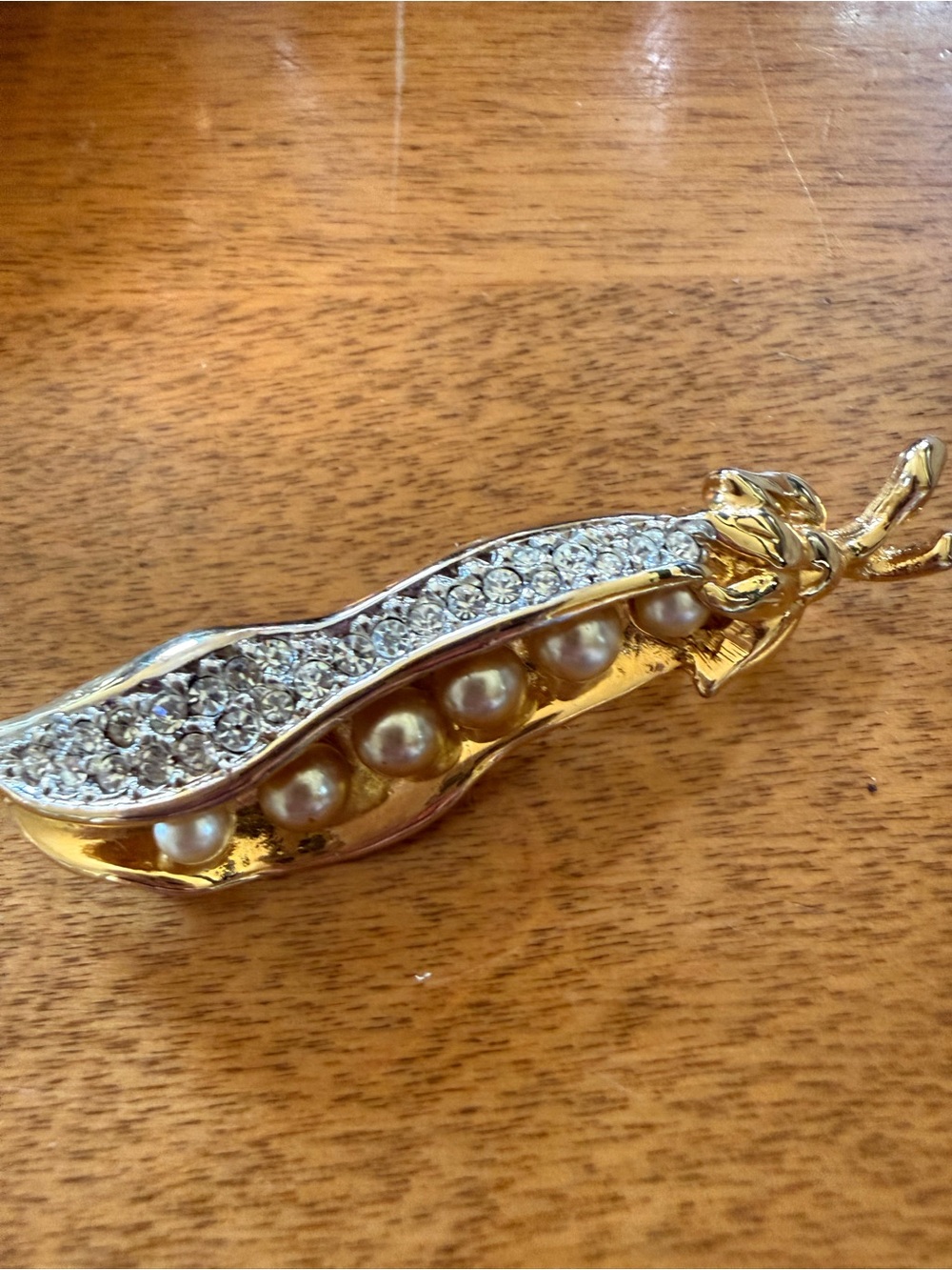 Gold-Tone Pearl & Crystal Pea Pod Brooch